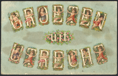 606110 Fantasiekaart met de tekst Groeten uit Utrecht, met cherubijntjes tussen de letters.